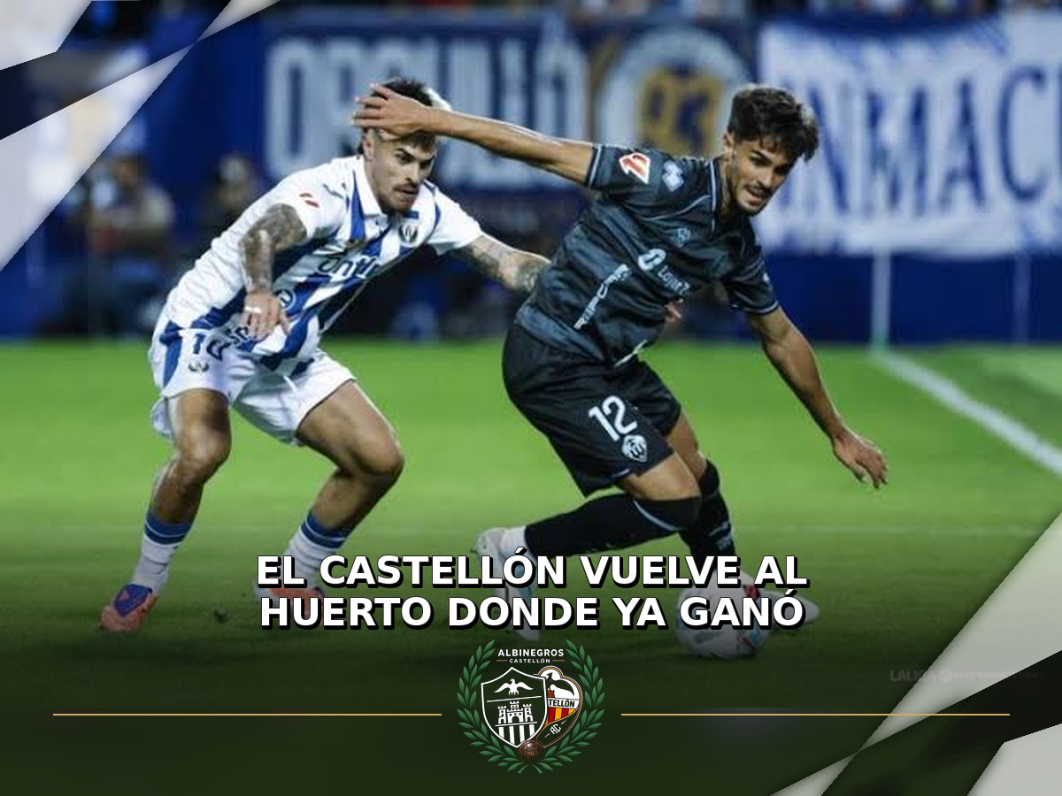 Futbolistas de Leganés y Castellón en acción, con el titular y la identidad gráfica de Albinegros Castellón